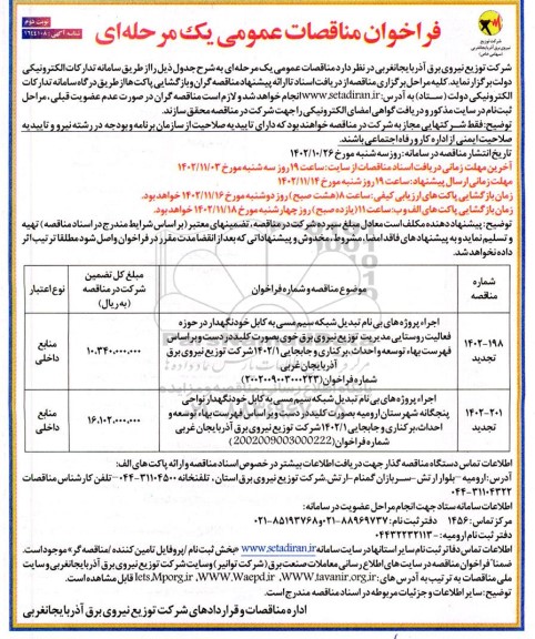 مناقصه اجرای پروژه های بی نام تبدیل شبکه سیم مسی به کابل خودنگهدار...- نوبت دوم