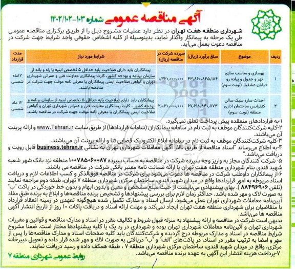 مناقصه بهسازی و مناسب سازی نهر و جدول و پیاده رو خیابان ...