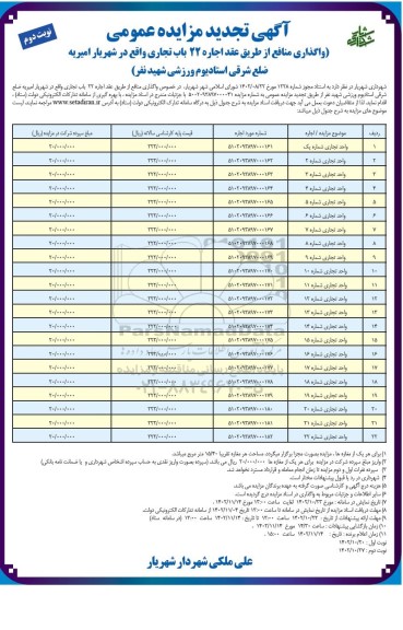 تجدید مزایده واگذاری منافع از طریق عقد اجاره 22 باب تجاری - نوبت دوم