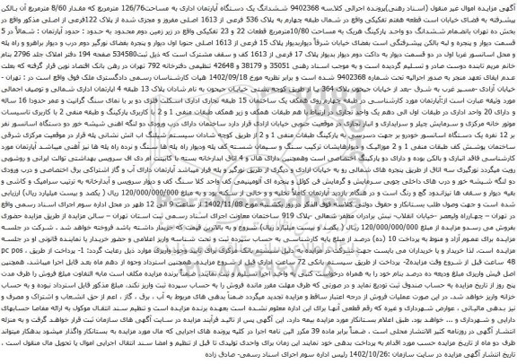 آگهی مزایده ششدانگ یک دستگاه آپارتمان اداری به مساحت126/76 مترمربع که مقدار 8/60 مترمربع