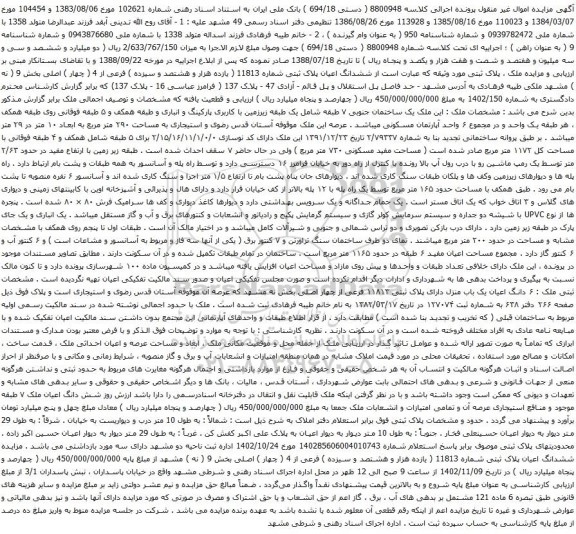 آگهی مزایده ششدانگ اعیان پلاک ثبتی شماره 11813 ( یازده هزار و هشتصد و سیزده ) فرعی از 4 ( چهار ) اصلی بخش 9 ( نه ) مشهد ملکی