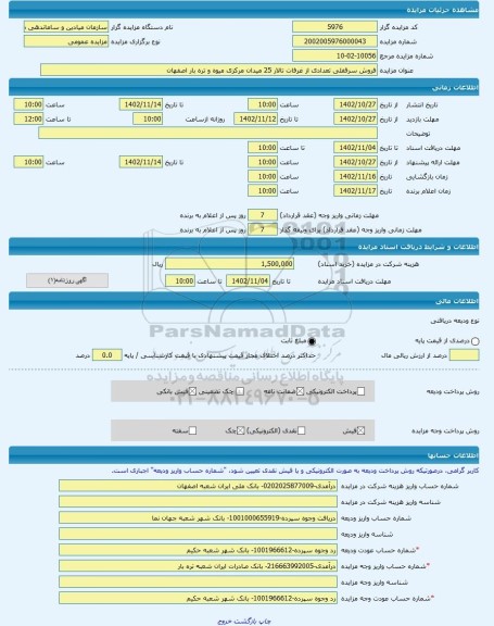 مزایده ، فروش سرقفلی تعدادی از غرفات تالار 25 میدان مرکزی میوه و تره بار اصفهان -مزایده حق سرقفلی  - استان اصفهان