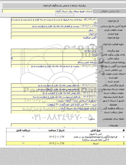 مناقصه, خرید ۲۸۰۰۰ متر انواع کابل خودنگهدار ۲۰ کیلوولت