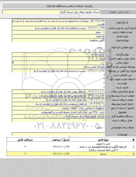 مناقصه, خرید ۹۳۵۰ متر انواع کابل فشار ضعیف مسی و آلومنیومی