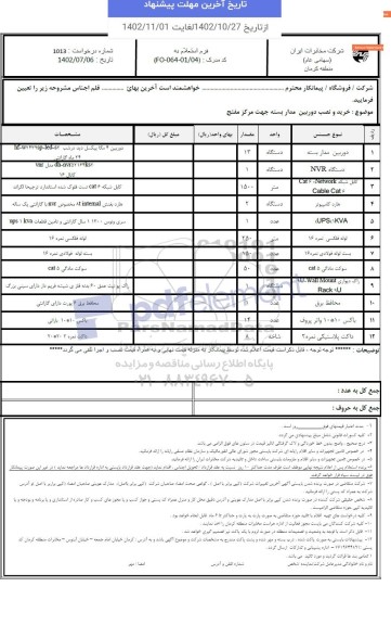 استعلام خرید و نصب دوربین مداربسته جهت مرکز مفتح 