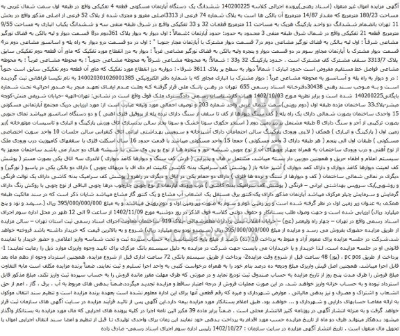 آگهی مزایده ششدانگ یک دستگاه آپارتمان مسکونی قطعه 4 تفکیکی واقع در طبقه اول سمت شمال غربی به مساحت 180/23 مترمربع