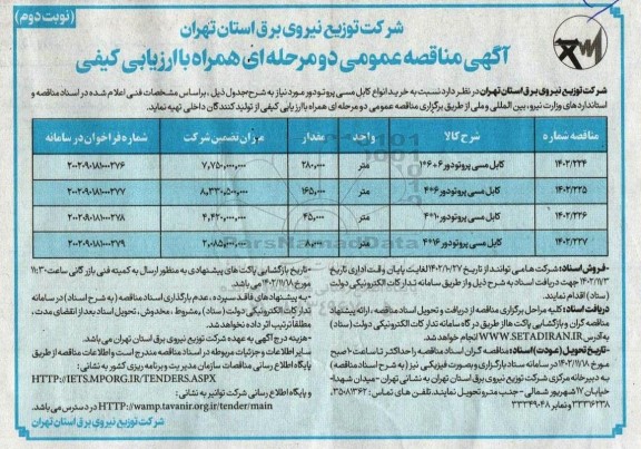 مناقصه خرید انواع کابل مسی پروتودور  - نوبت دوم 