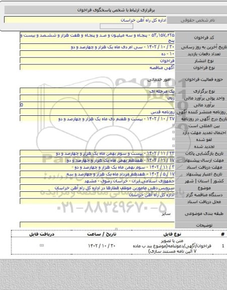 مناقصه, سرویس دهی مامورین موظف قطارها در اداره کل راه آهن خراسان