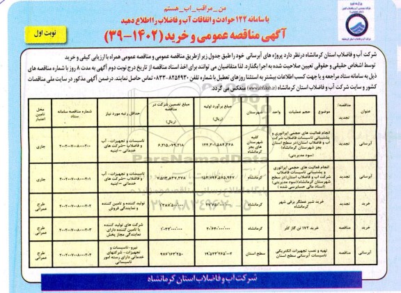 مناقصه عمومی و خرید پروژه های آبرسانی... 