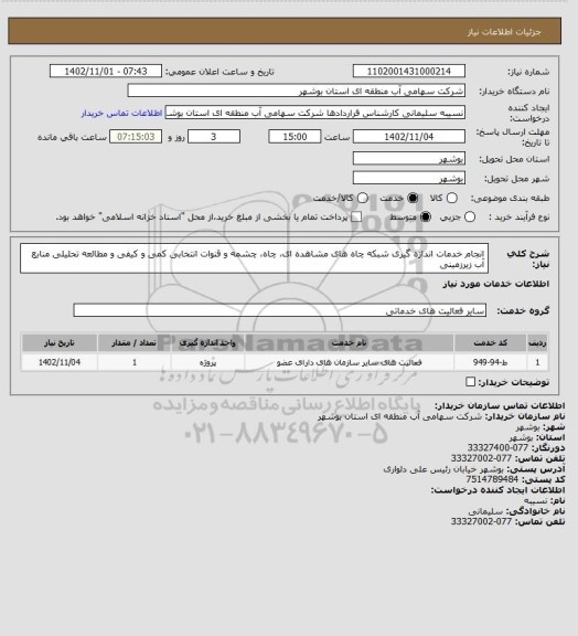 استعلام انجام خدمات اندازه گیری شبکه چاه های مشاهده ای، چاه، چشمه و قنوات انتخابی کمی و کیفی و مطالعه تحلیلی منابع آب زیرزمینی