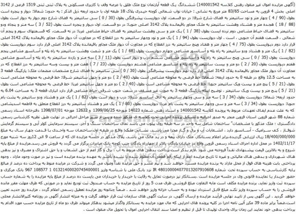 آگهی مزایده ششدانگ یک قطعه آپارتمان نوع ملک طلق با عرصه وقف با کاربری مسکونی به پلاک ثبتی ثبتی 1519 فرعی از 3142 اصلی