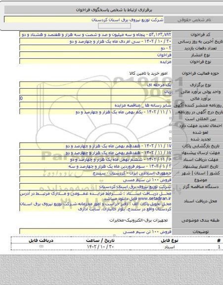 مزایده, فروش ۱۰۰ تن سیم مسی