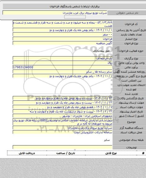 مناقصه, بروزرسانی و پایش سامانه اطلاعات مکانی و توصیفی(GIS) شبکه های توزیع برق مربوط به امورهای نه گانه در م