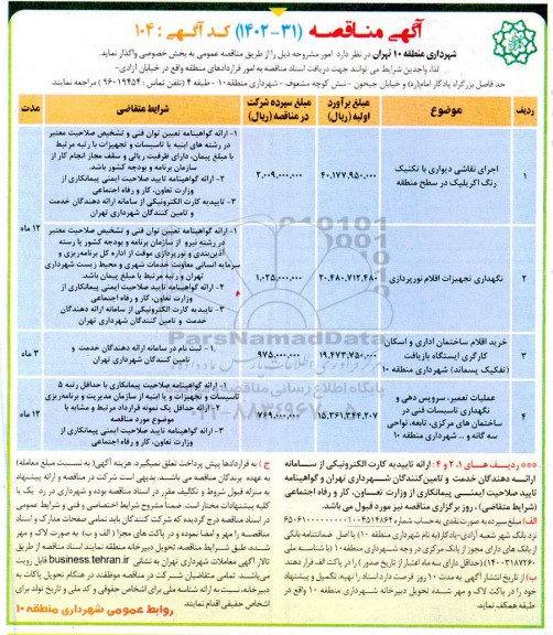 مناقصه اجرای نقاشی دیواری با تکنیک رنگ اکریلیک در سطح منطقه ....