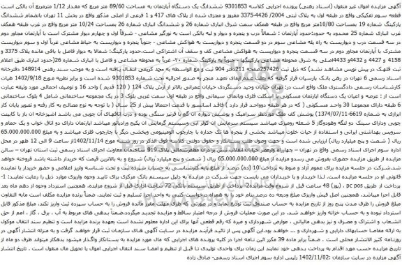 آگهی مزایده  ششدانگ یک دستگاه آپارتمان به مساحت 89/60 متر مربع که مقدار 1/12 مترمربع