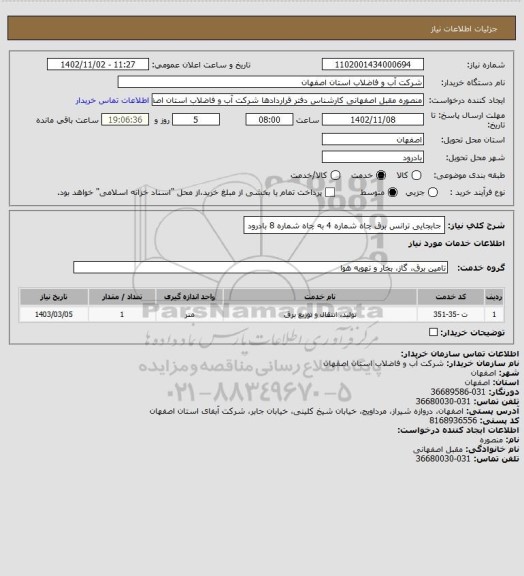 استعلام جابجایی ترانس برق چاه شماره 4 به چاه شماره 8 بادرود