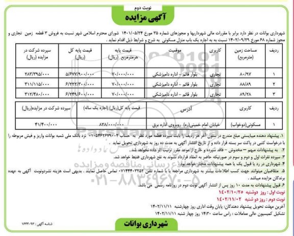 مزایده فروش 3 قطعه زمین تجاری و اجاره یک باب منزل مسکونی - نوبت دوم 