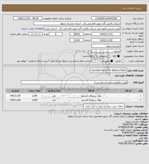 استعلام CALCIUM SILICATE INSULATION