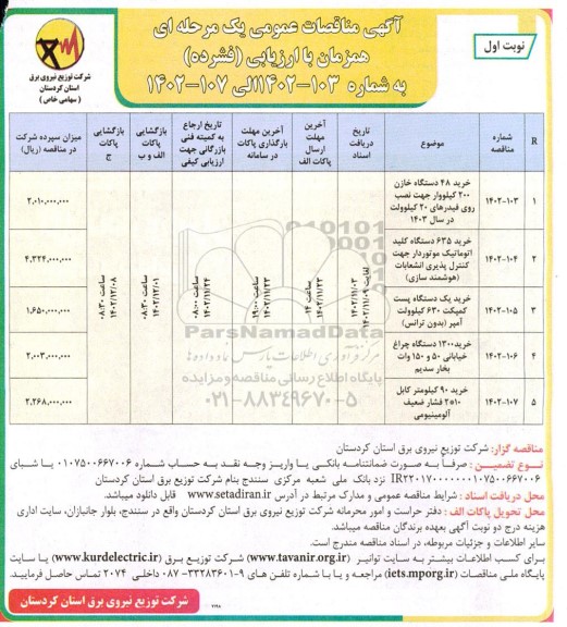 مناقصه خرید 48 دستگاه خازن 200 کیلووار جهت نصب روی فیدرهای 20 کیلوولت ...