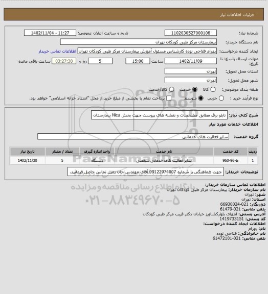 استعلام تابلو برق مطابق مشخصات و نقشه های پیوست جهت بخش Nicu بیمارستان