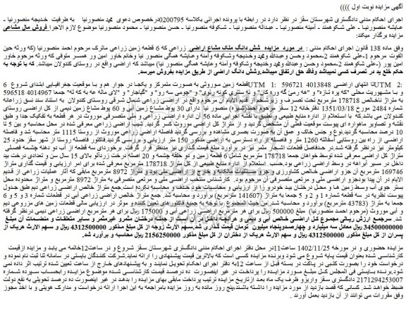 مزایده فروش شش دانگ ملک مشاع اراضی  زراعی که 6 قطعه زمین زراعی 
