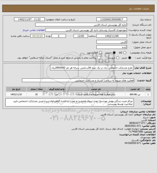 استعلام طرح مشارکت اجتماعی زنان در یک دوره 26ساعتی سرانه هر نفر 3900000ریال