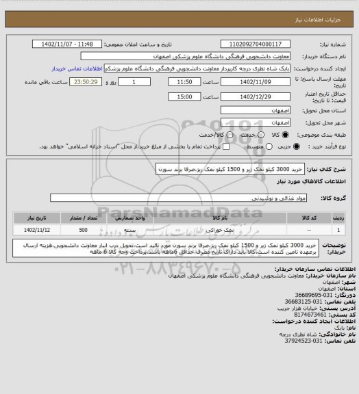 استعلام خرید 3000 کیلو نمک زیر و 1500 کیلو نمک ریز،صرفا برند سورن