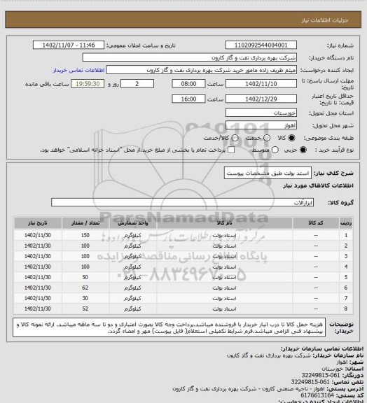 استعلام استد بولت طبق مشخصات پیوست