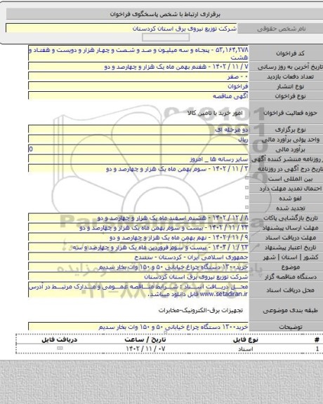 مناقصه, خرید۱۳۰۰ دستگاه چراغ  خیابانی ۵۰ و ۱۵۰ وات بخار سدیم