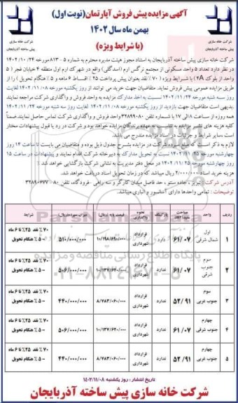 مزایده پیش فروش آپارتمان 