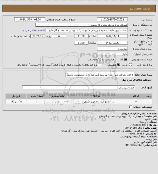 استعلام 8 قلم اتصالات طبق شرح پیوست (ساخت داخل مدنظرمی باشد)