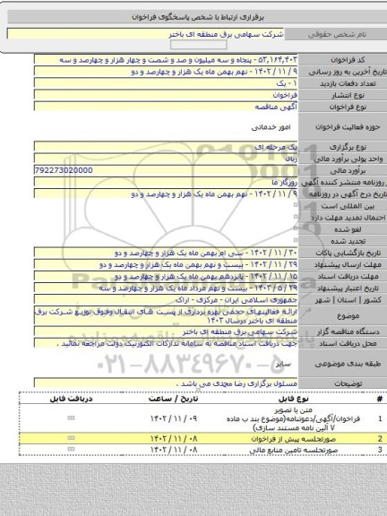 مناقصه, ارائه فعالیتهای حجمی بهره برداری از پست های انتقال وفوق توزیع شرکت برق منطقه ای باختر درسال ۱۴۰۳