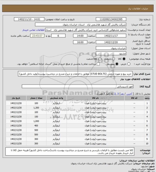 استعلام خرید پیچ و مهره صنعتی (STUD BOLTS) مطابق با الزامات و شرح مندرج در دیتاشیت پیوست(تولید داخل کشور)