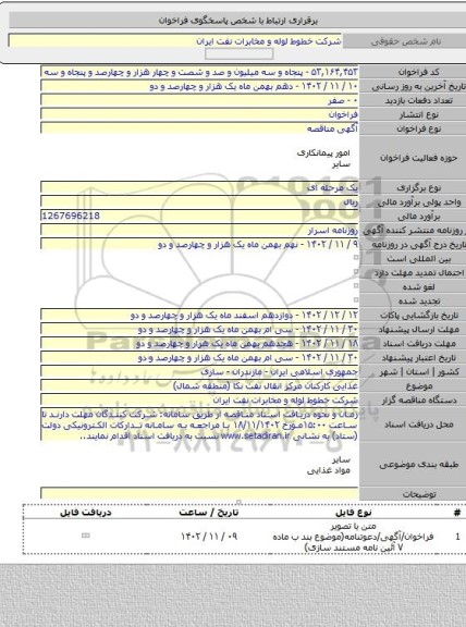 مناقصه, غذایی کارکنان مرکز انقال نفت نکا (منطقه شمال)