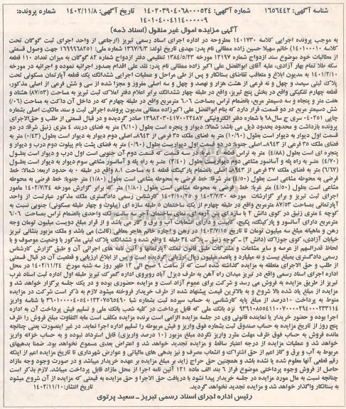 مزایده فروش ششدانگ یک قطعه آپارتمان مسکونی تحت پلاک ثبتی سیصد و چهل و نه فرعی از هشت هزار و نهصد و چهل و سه اصلی 