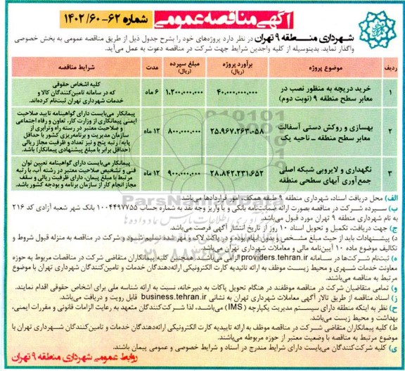 مناقصه خرید دریچه به منظور نصب در معابر سطح منطقه 9 ....