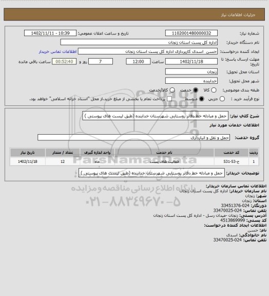 استعلام حمل و مبادله خط دفاتر روستایی شهرستان خدابنده   (طبق لیست های پیوستی )