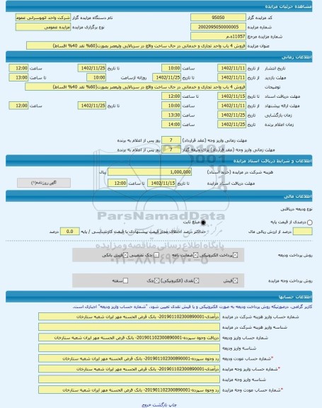 مزایده ، فروش 4 باب واحد تجاری و خدماتی در حال ساخت واقع در سربالایی ولیعصر بصورت(60% نقد 40% اقساط) -مزایده ساختمان  - استان آذ