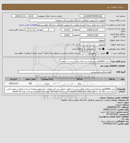 استعلام خرید 6000کیلو برنج هندی،برند فاخر طلایی،رجب یا خاطره