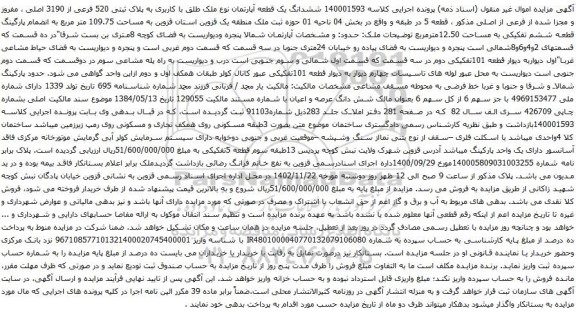 آگهی مزایده  ششدانگ یک قطعه آپارتمان نوع ملک طلق با کاربری به پلاک ثبتی 520 فرعی از 3190 اصلی 