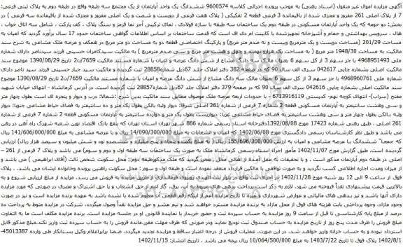 آگهی مزایده ششدانگ یک واحد آپارتمان از یک مجتمع سه طبقه واقع در طبقه دوم به پلاک ثبتی فرعی: 7 از پلاک اصلی 261 مفروز و مجزی شده 