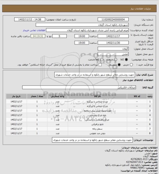 استعلام جهت روشنایی معابر سطح شهر رانکوه و استفاده در در واحد خدمات شهری