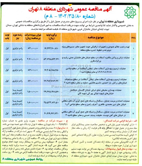 مناقصه تهیه و نصب علائم عمودی و تجهیزات ترافیکی جهت تجهیز معابر، مسیرهای ویژه دوچرخه ...