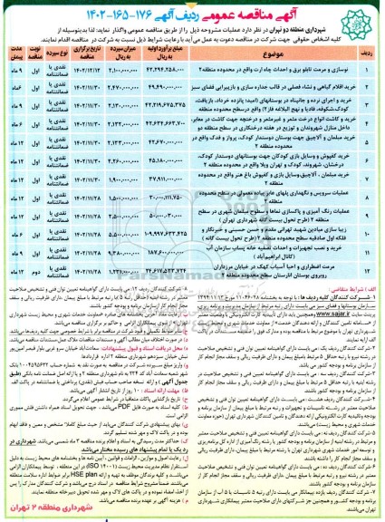 مناقصه نوسازی و مرمت تابلو برق و احداث چاه ارت واقع در محدوده منطقه 2 ...