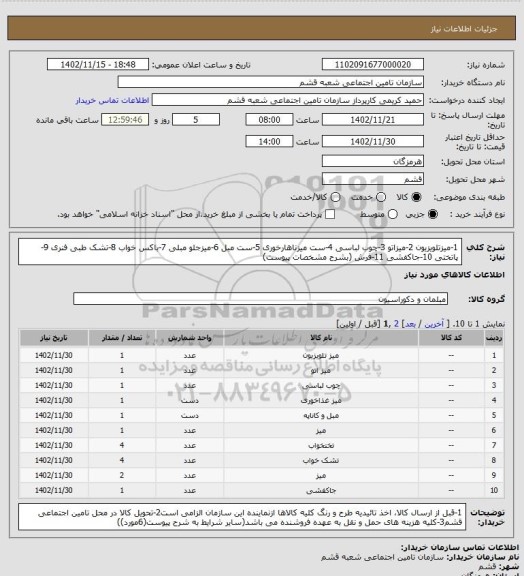 استعلام 1-میزتلویزیون 2-میزاتو 3-چوب لباسی 4-ست میزناهارخوری 5-ست مبل 6-میزجلو مبلی 7-باکس خواب 8-تشک طبی فنری 9-پاتختی 10-جاکفشی 11-فرش (بشرح مشخصات پیوست)