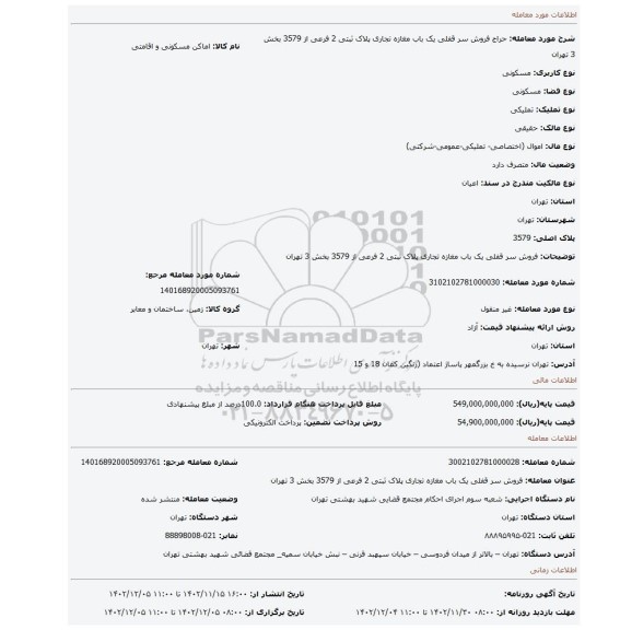 فروش سر قفلی یک باب مغازه تجاری  پلاک ثبتی 2 فرعی از 3579 بخش 3 تهران