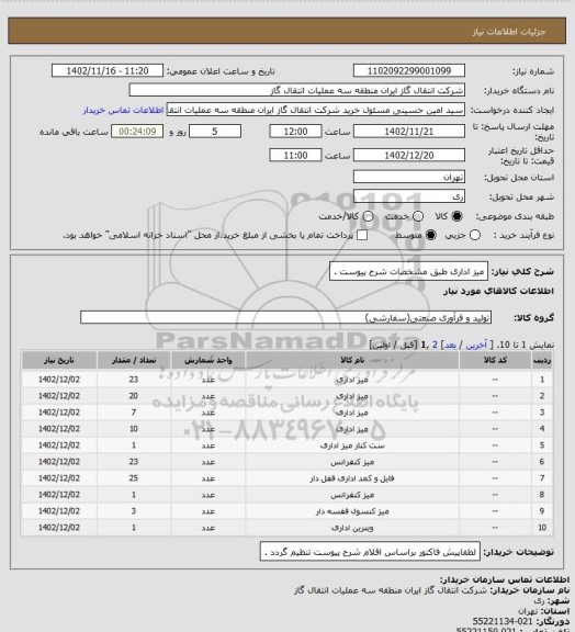 استعلام میز اداری طبق مشخصات شرح پیوست .