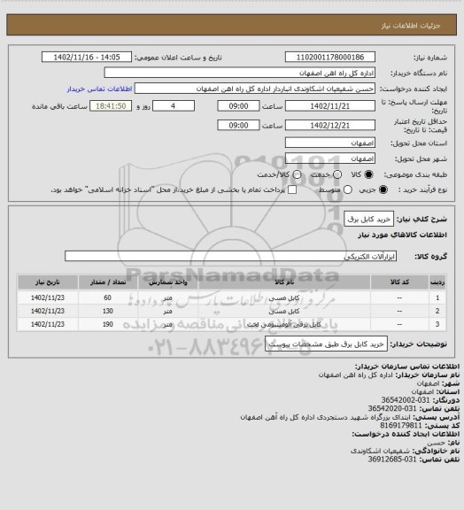 استعلام خرید کابل برق