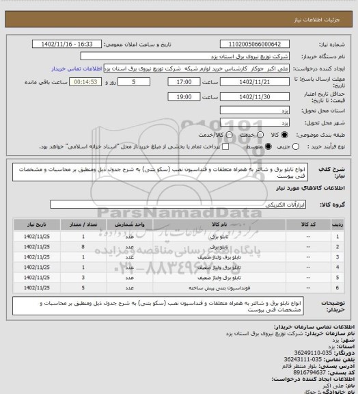 استعلام انواع تابلو برق و شالتر به همراه متعلقات و فنداسیون نصب (سکو بتنی) به شرح جدول ذیل ومنطبق بر  محاسبات و مشخصات فنی پیوست