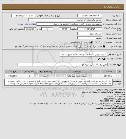 استعلام شارز  سرویس سالانه کپسول های اطفا< حریق ستادی